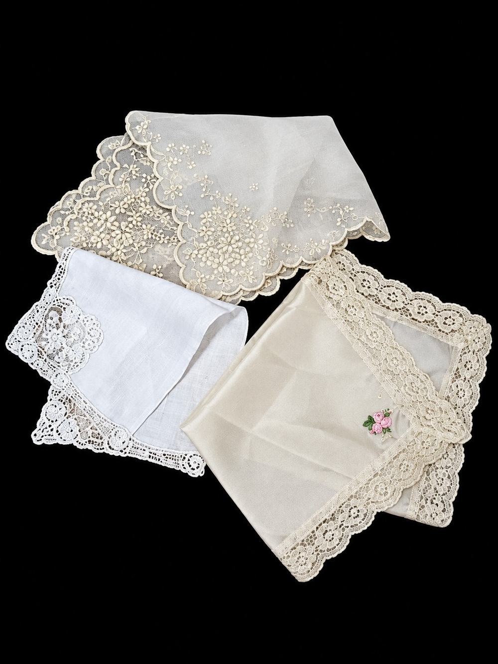 Vintage Ladies Lace Handkerchief Lot Ivory White Embroidered Floral Hankies